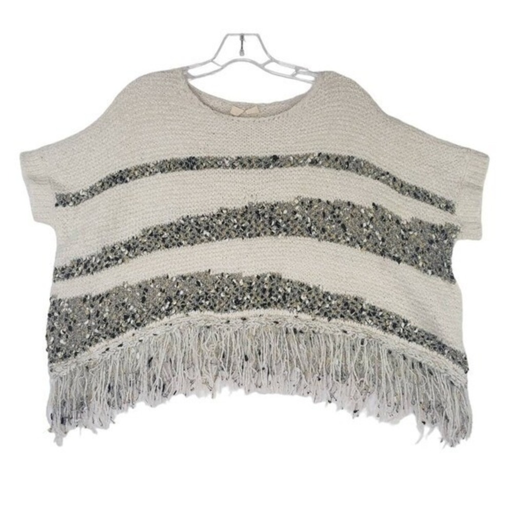 Moth Cropped Fringe Poncho Sweater Striped Metallic Detail Size XS Anthropologie